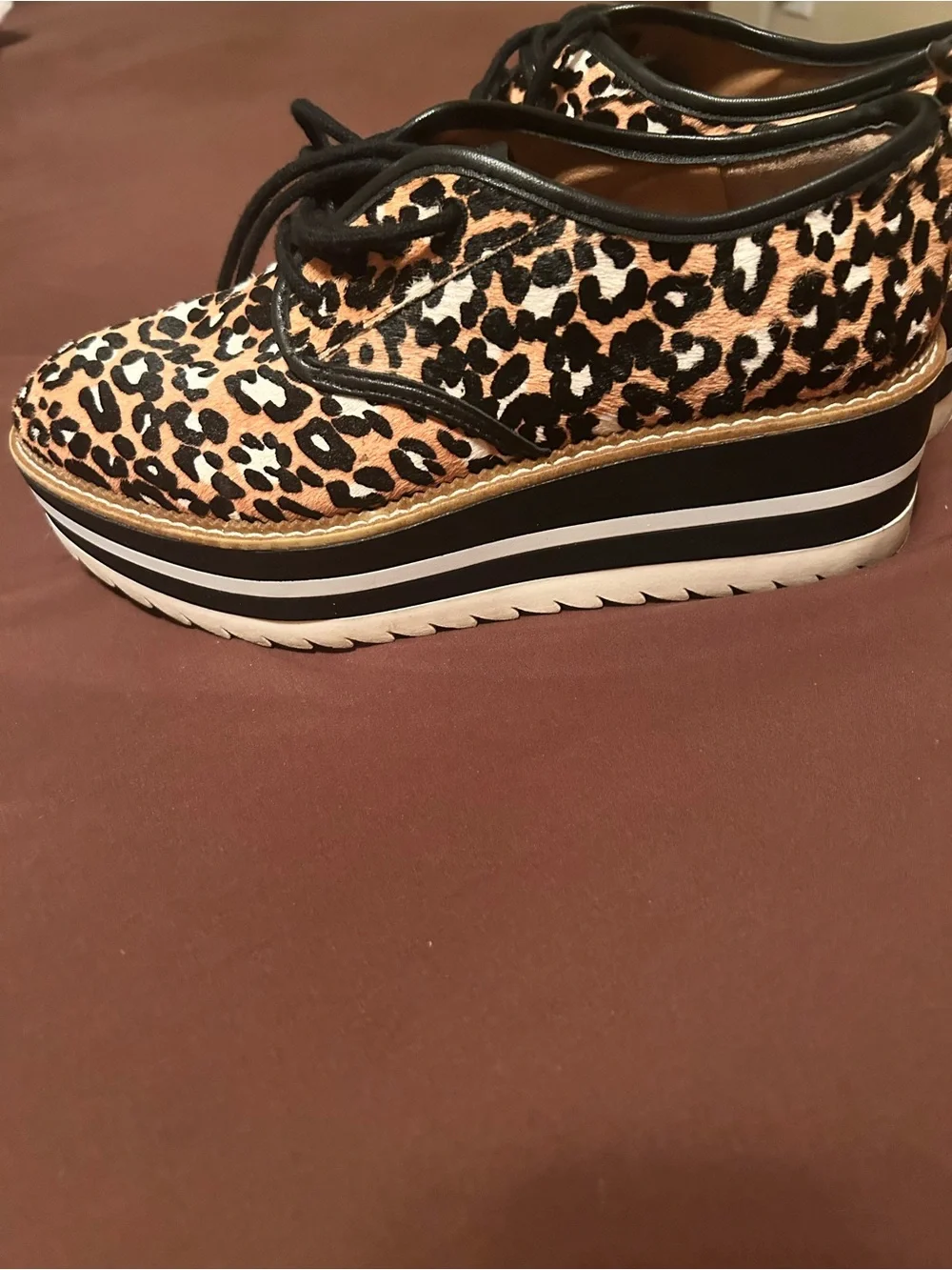 Giani Bini calf-hair leopard print, black/white stacked sole sz9 slaede oxford